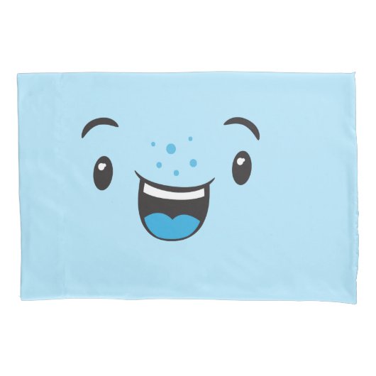 Blauw glimlachend Kawaii Face Pillow Hoesje Set Kussensloop (Voorkant-Links)