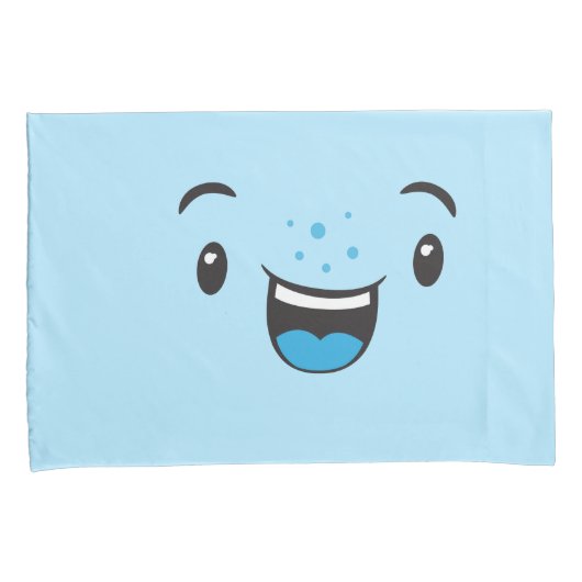 Blauw glimlachend Kawaii Face Pillow Hoesje Set Kussensloop (Voorkant-Rechts)