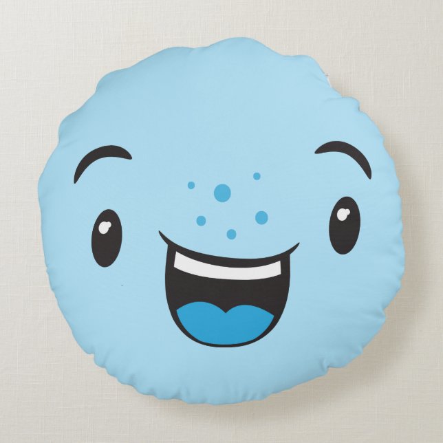 Blauw glimlachend Kawaii Face Round Pillow Rond Kussen (Achterkant)