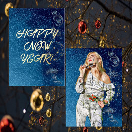 Blauw Glinsterend Gelukkig Nieuwjaar Vriendin Foto Folie Feestdagenkaart