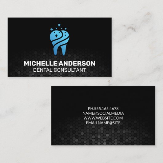 Blauw glinsterend tandpictogram | Geometrische ach Visitekaartje (Voorkant / Achterkant)
