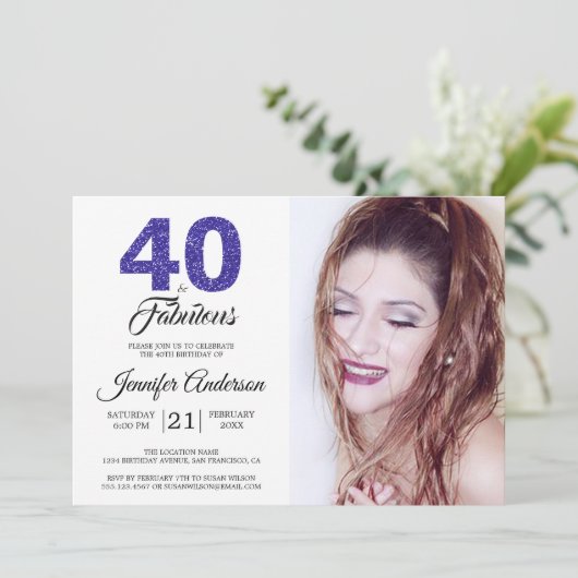 Blauw Glitter 40 en Fabulous 40e verjaardagsfoto Kaart (Staand voorkant)