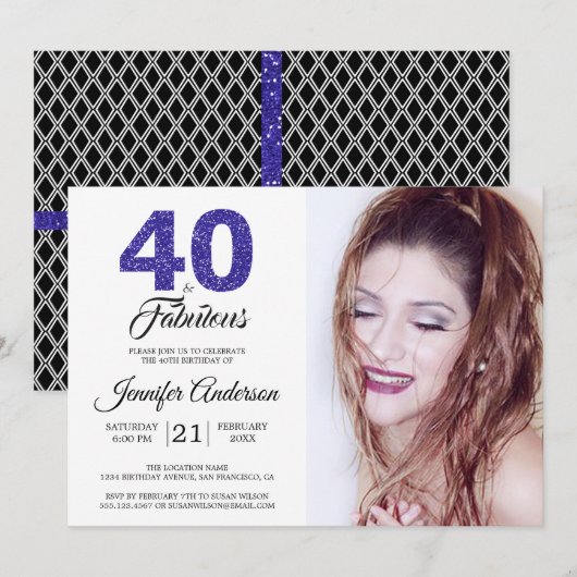 Blauw Glitter 40 en Fabulous 40e verjaardagsfoto Kaart (Voorkant / Achterkant)