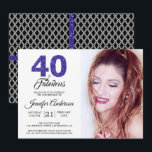 Blauw Glitter 40 en Fabulous 40e verjaardagsfoto Kaart<br><div class="desc">Een chic, elegante, uitnodiging voor een 40ste verjaardagsfeest die je kunt personaliseren en versturen voor je veertigste verjaardagsfeest. De woorden "40 en Fabulous" in koningsblauwe glitter en zwart zijn vormgegeven met moderne typografie. Voeg eenvoudig je eigen details en foto toe. Er is een zwart en wit diamantpatroon op de achterkant...</div>
