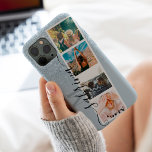 Blauw glitter 4 collage foto monogram Case-Mate iPhone case<br><div class="desc">Moderne 4 foto's raster collage naam en monogram ijs blauw glitter muurt op stoffige blauwgroen met een collage van een fotografie</div>