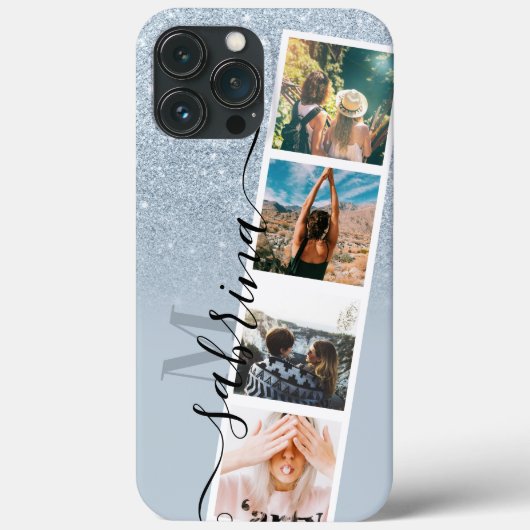 Blauw glitter 4 collage foto monogram Case-Mate iPhone case (Achterkant)