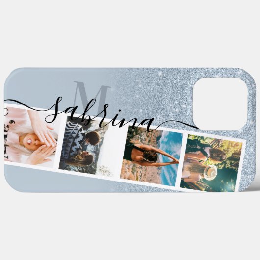 Blauw glitter 4 collage foto monogram Case-Mate iPhone case (Achterkant (horizontaal))
