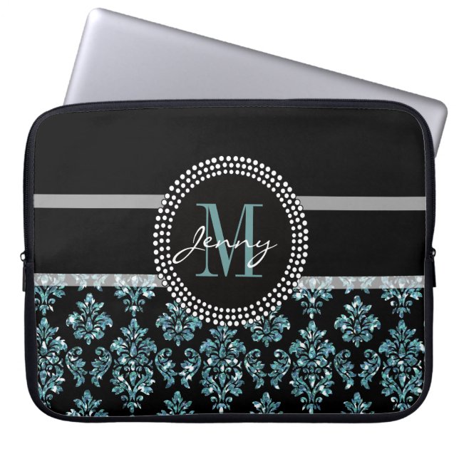 Blauw Glitter Afgedrukt, zwart Damascus, speciaal  Laptop Sleeve (Voorkant)