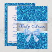 Blauw Glitter Blauwe Strik Baby Shower Uitnodiging (Voorkant / Achterkant)