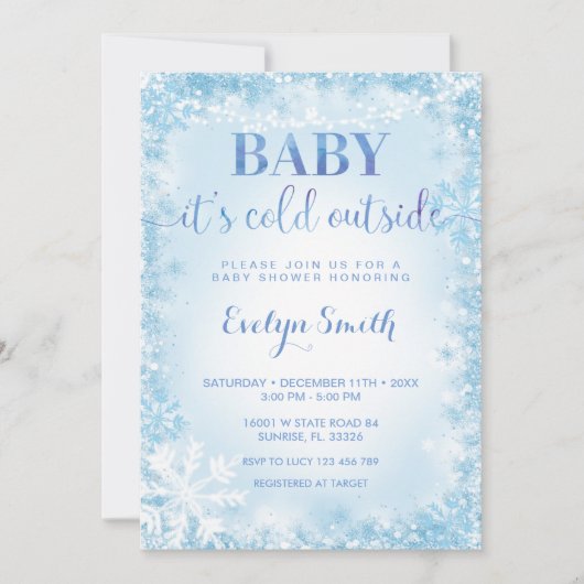 Blauw Glitter Cold Outside Snowflake Baby shower I Kaart (Voorkant)