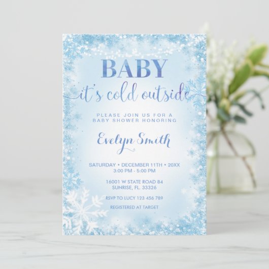 Blauw Glitter Cold Outside Snowflake Baby shower I Kaart (Staand voorkant)