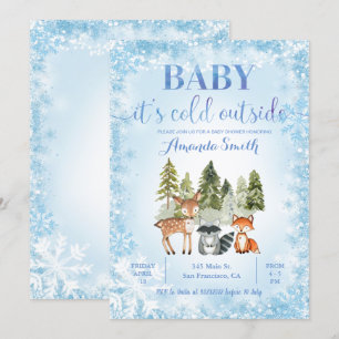 Blauw Glitter Cold Outside Woodland Baby shower Kaart