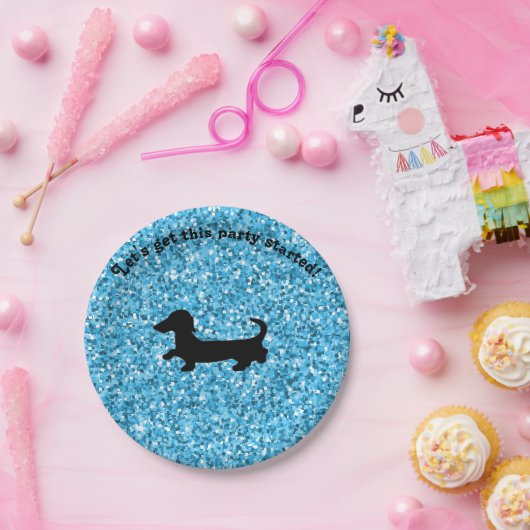 Blauw Glitter Dachshund Paper-Borden Papieren Bordje (Feest)