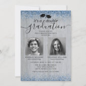 Blauw Glitter Dubbele Afstudeerfoto Kaart (Voorkant)