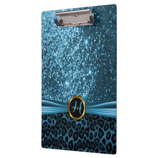 Blauw glitter en luipaard huidontwerp klembord (Links)