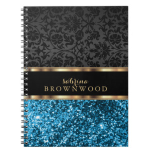 Blauw Glitter en Zwart Damast Notitieboek