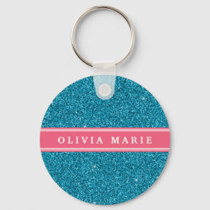 Blauw Glitter (faux) Roze, gepersonaliseerde naam Sleutelhanger
