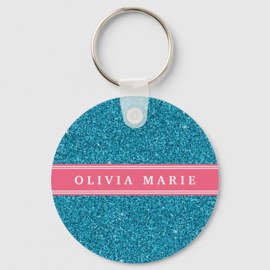 Blauw Glitter (faux) Roze, gepersonaliseerde naam Sleutelhanger (Voorkant)