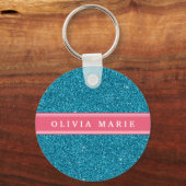Blauw Glitter (faux) Roze, gepersonaliseerde naam Sleutelhanger (Voorkant)