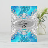 Blauw Glitter & Feather Sweet 16 Uitnodiging (Staand voorkant)