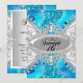 Blauw Glitter & Feather Sweet 16 Uitnodiging (Voorkant / Achterkant)