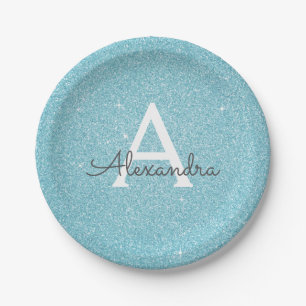 Blauw Glitter & Glans Monogram Verjaardag Papieren Bordje