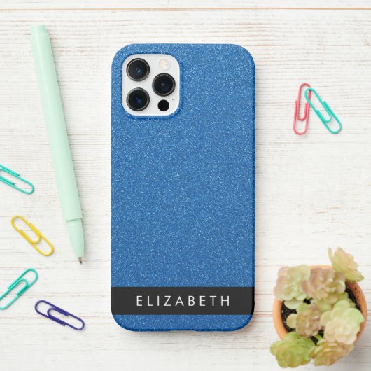 Blauw Glitter, Glitter Achtergrond, Jouw naam iPhone Hoesje (Op bureau)