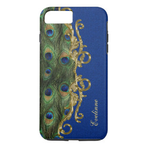 Blauw Glitter Gouden Ornament Pauwveren iPhone 8/7 Plus Hoesje