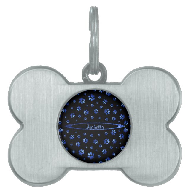 Blauw glitter hondenpoot patroon Monogram Huisdieren Naamplaatje (voorkant)