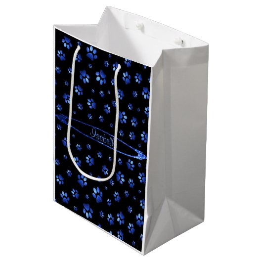 Blauw glitter hondenpoot patroon Monogram Medium Cadeauzakje (Voorkant Gekanteld)