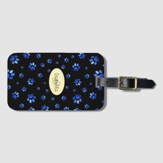 Blauw glitter hondpawpatroon, Monogram Bagagelabel (Voorkant (horizontaal))