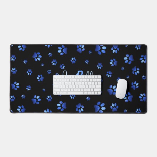 Blauw glitter hondpawpatroon, Monogram Bureaumat (Keyboard & Muis)