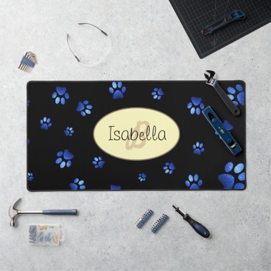 Blauw glitter hondpawpatroon, Monogram Bureaumat (Werkstation)