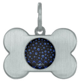 Blauw glitter hondpawpatroon, Monogram Huisdieren Naamplaatje