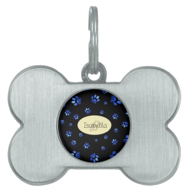 Blauw glitter hondpawpatroon, Monogram Huisdieren Naamplaatje (voorkant)