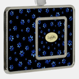 Blauw glitter hondpawpatroon, Monogram Verzilverd Omlijst Ornament