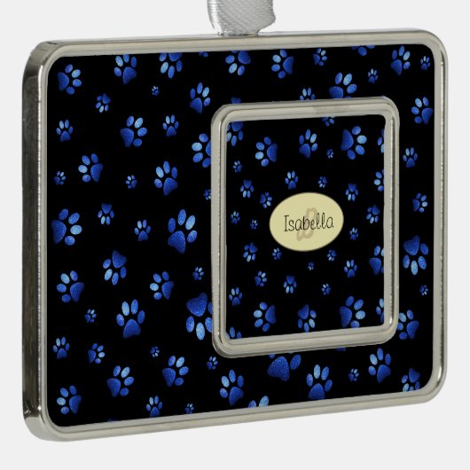 Blauw glitter hondpawpatroon, Monogram Verzilverd Omlijst Ornament (Rechts)