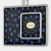 Blauw glitter hondpawpatroon, Monogram Verzilverd Omlijst Ornament (Links)