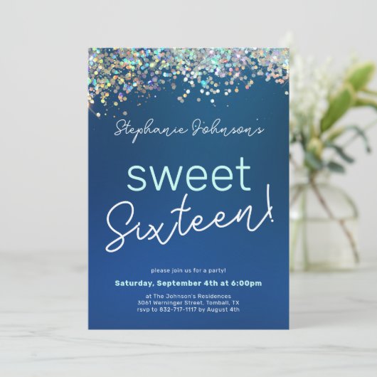 Blauw Glitter Lief Zestien 16e Verjaardagsfeestje Kaart (Staand voorkant)