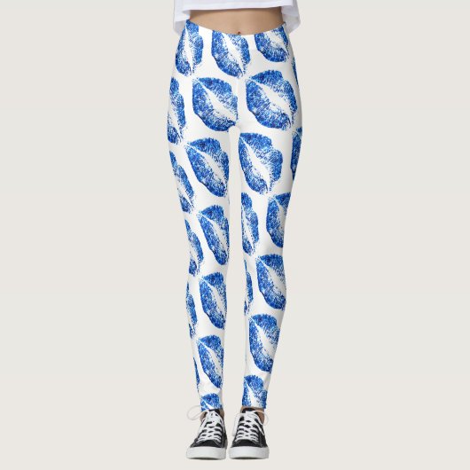 Blauw glitter Lips Modern White Leggings (Voorkant)