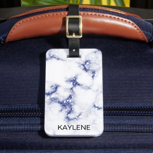 Blauw Glitter Marmer Gepersonaliseerd Bagage Label (Voorkant Insitu 2)