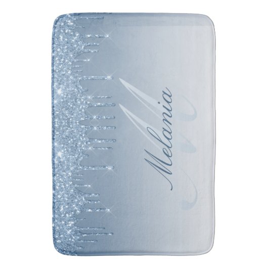 blauw glitter monogram badmat (Voorkant Verticaal)