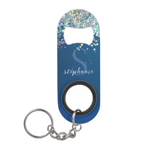 Blauw Glitter Monogram Holografisch Modern Maatwer Mini Flessenopener