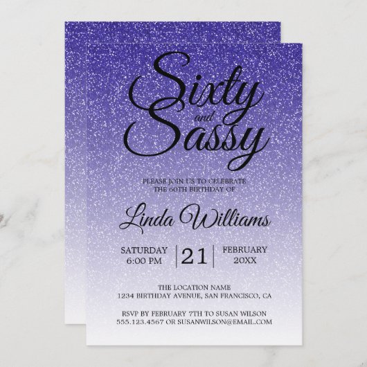 Blauw Glitter Ombre 60 en Sassy 60e Verjaardag Kaart (Voorkant / Achterkant)