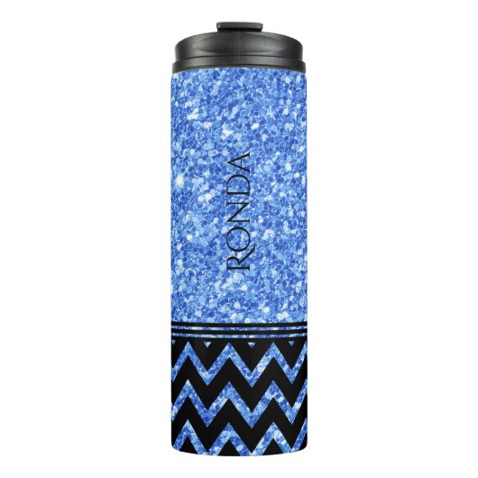 Blauw Glitter Patroon & Zwart Chevron Patroon Thermosbeker (Voorkant)