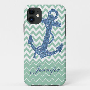 Blauw Glitter Print Anchor Nautical Mint Green Hoe iPhone 11 Hoesje