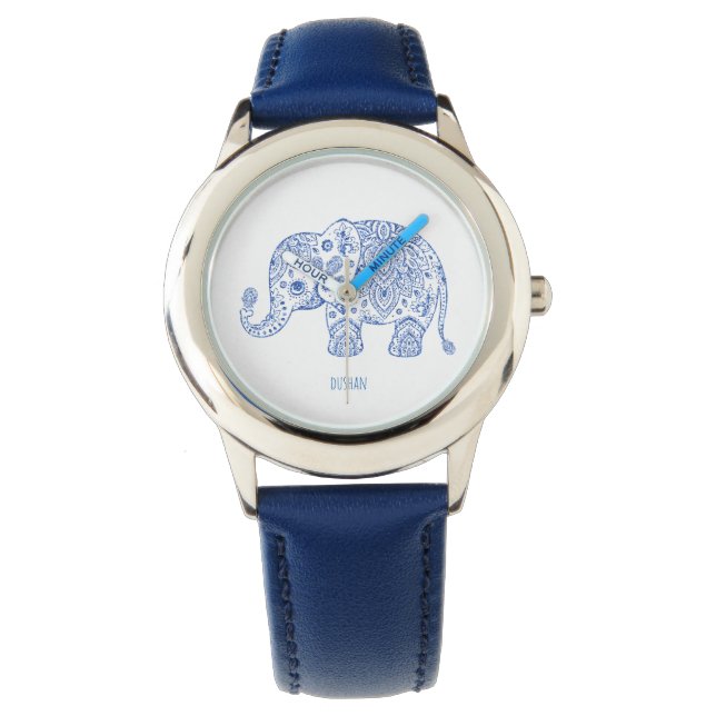 Blauw Glitter Print Paisley Elephant Illustratie Horloge (Voorkant)