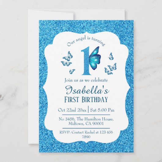 Blauw glitter schattig levendig sprankelend 1e ver kaart (Voorkant)