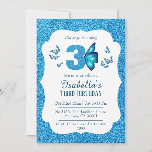 Blauw glitter schattig levendig sprankelend 3e ver kaart (Voorkant)