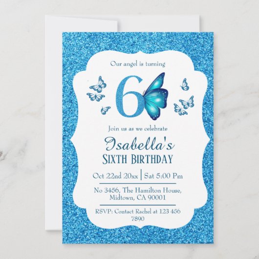 Blauw glitter schattig levendig sprankelend 6e ver kaart (Voorkant)